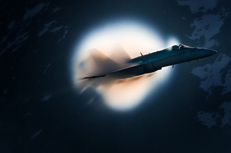 Fighter Jet Breaking Sound Barrier — Blue, Dramatic, Night