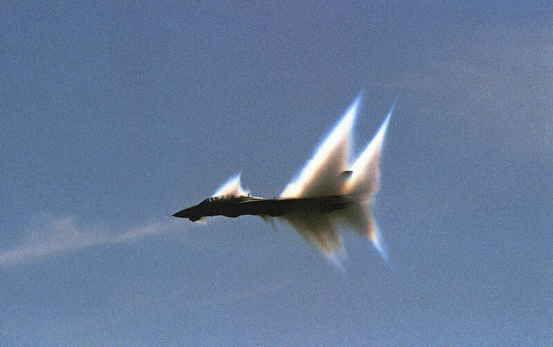 Fighter Jet Breaking Sound Barrier — Blue, Dramatic, Photograph, Clouds, Sky