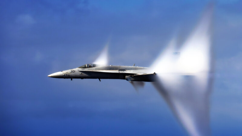 Fighter Jet Breaking Sound Barrier — Blue, Dramatic, Photograph, Clouds