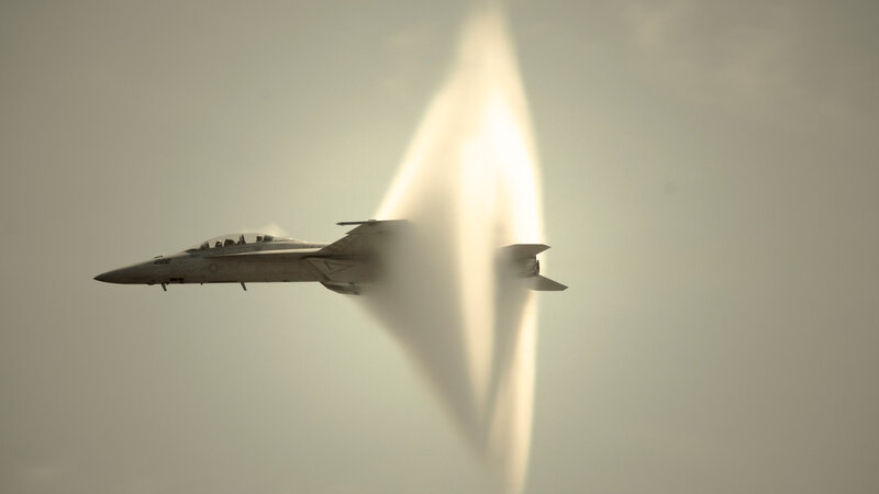 Fighter Jet Breaking Sound Barrier — Gray, Dramatic, Photograph
