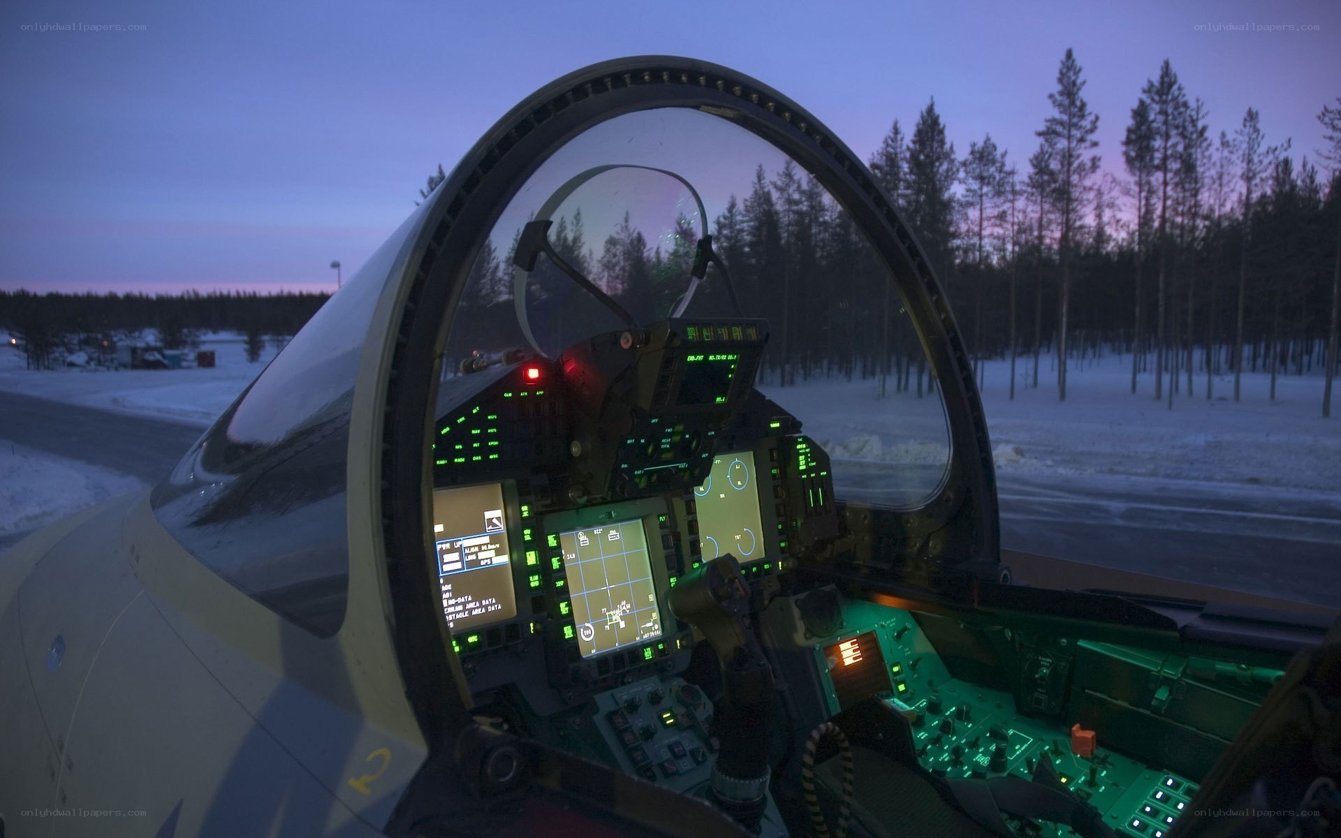 Fighter jet cockpit at dusk