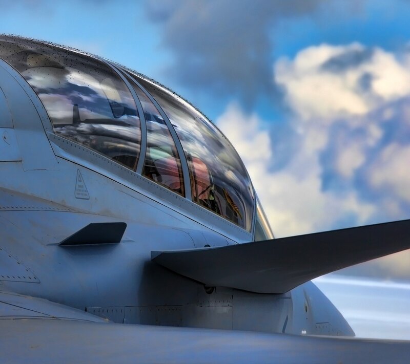 Fighter Jet Cockpit — Blue, Dramatic, Afternoon, Photograph, Clouds, Sky, Wing, Gray, White