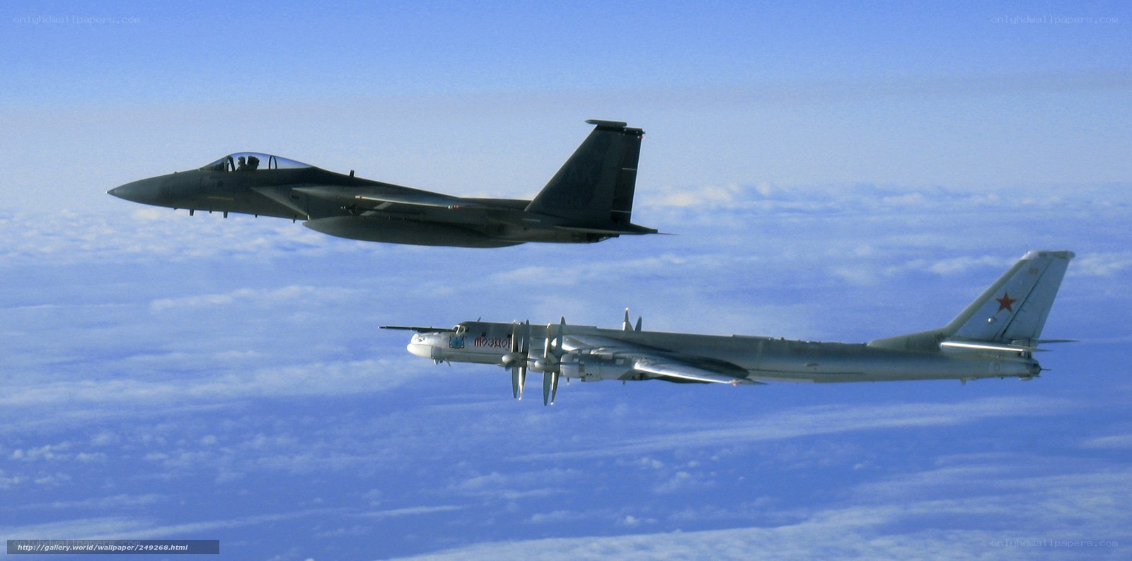 Fighter jet escorting bomber