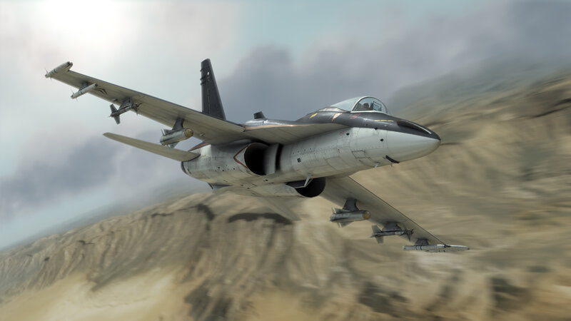 fighter jet flying over mountains