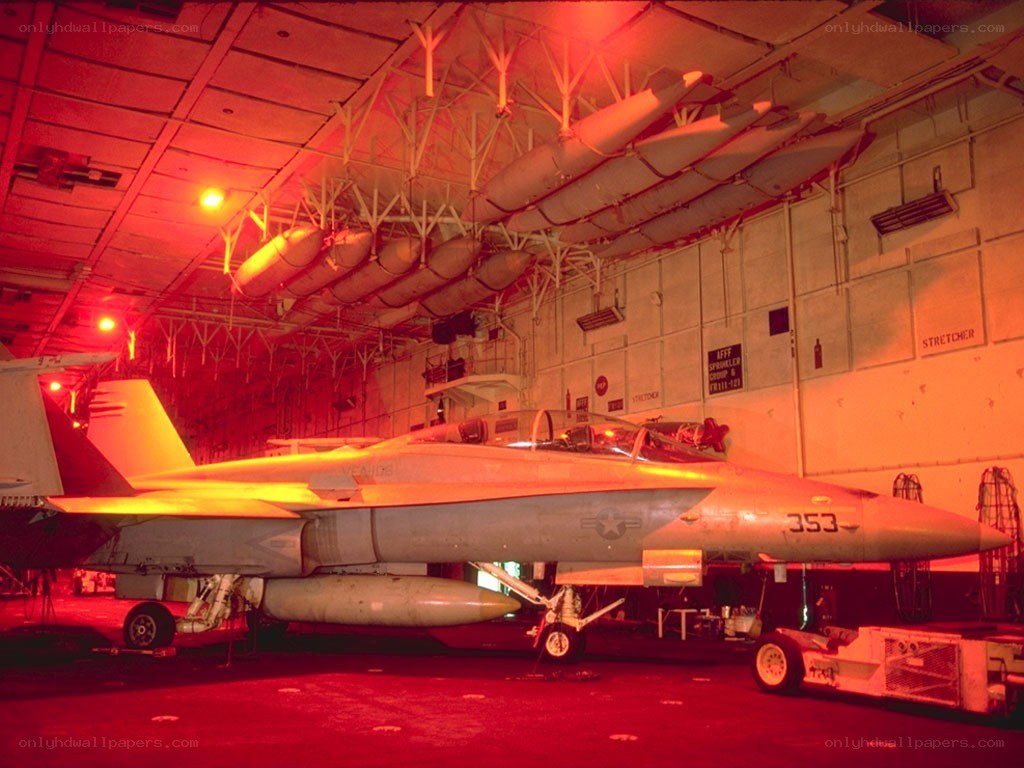 Fighter jet in aircraft hangar