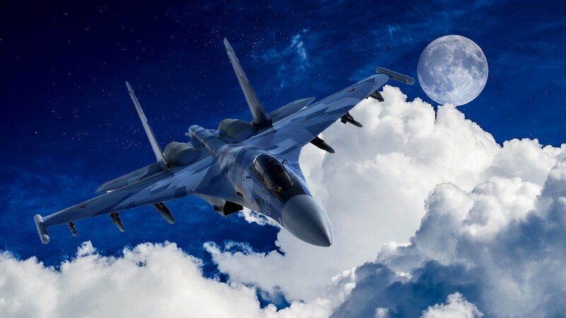Fighter Jet in Clouds — Blue, Dramatic, Night