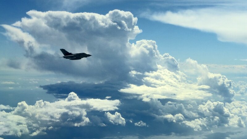 Fighter Jet in Clouds — Blue, Dramatic