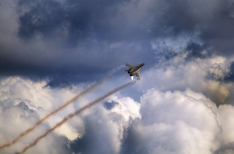 Fighter Jet in Clouds — Gray, Dramatic, Photograph, Smoke Trails, White