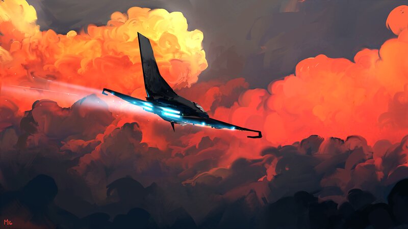Fighter Jet in Clouds — Red