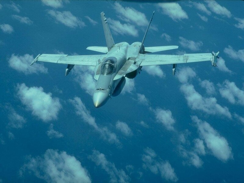 Fighter Jet in Flight — Blue, Calm, Afternoon, Photograph, Clouds