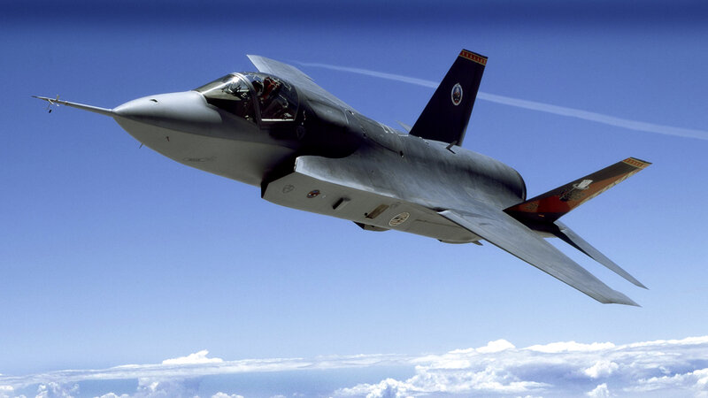 Fighter Jet in Flight — Blue, Clear, Afternoon, Photograph, Clouds