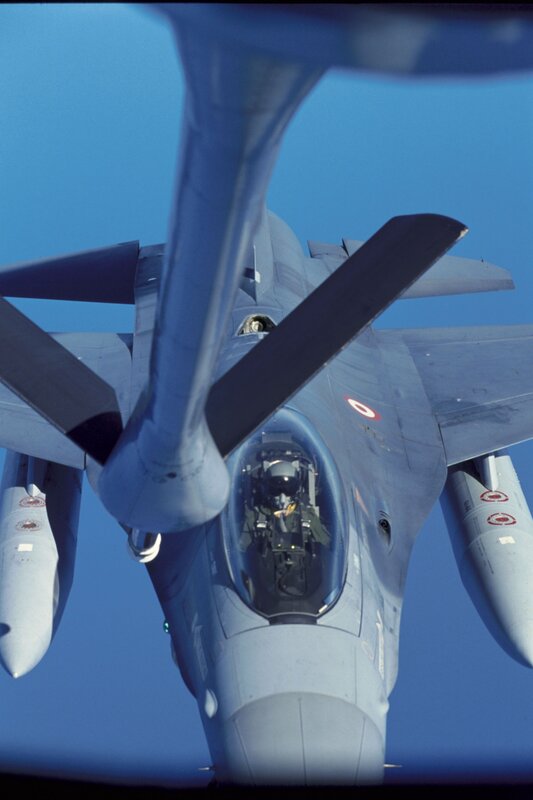 Fighter Jet in Flight — Blue, Clear, Afternoon
