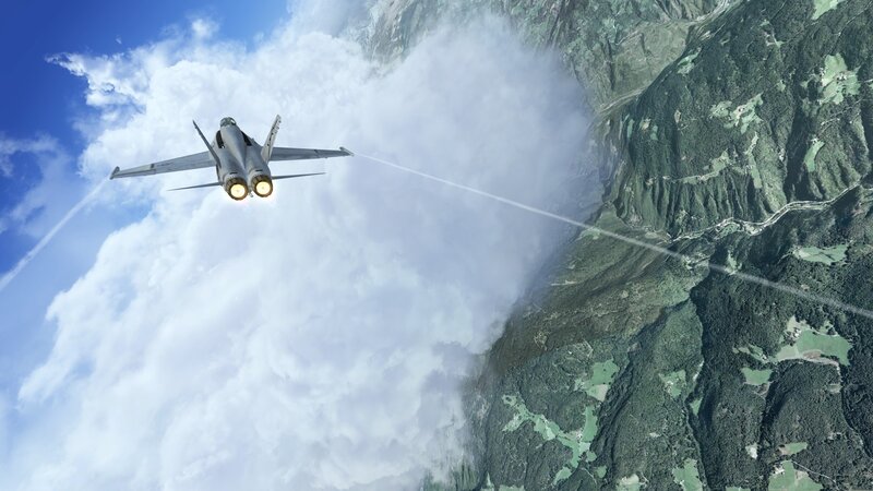 Fighter Jet in Flight — Blue, Dramatic, Afternoon, 3d Render, Clouds