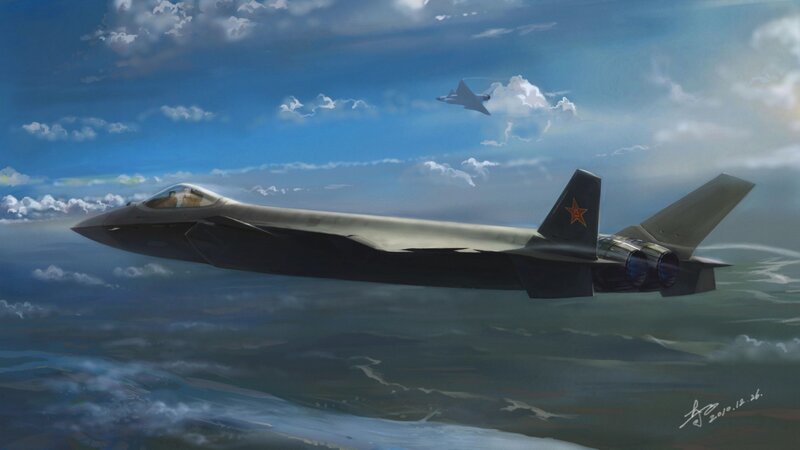 Fighter Jet in Flight — Blue, Dramatic, Afternoon, Digital Art, Clouds