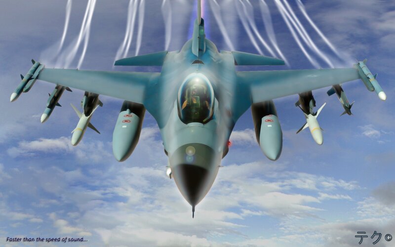 Fighter Jet in Flight — Blue, Dramatic, Afternoon, Digital Art, Missiles