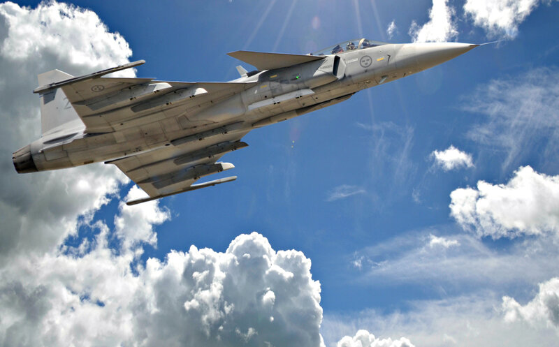 Fighter Jet in Flight — Blue, Dramatic, Afternoon, Photograph, Clouds, Sky, Aircraft