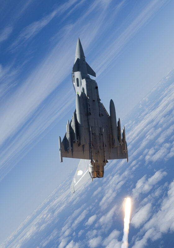 Fighter Jet in Flight — Blue, Dramatic, Afternoon, Photograph, Clouds, Sky, Missile
