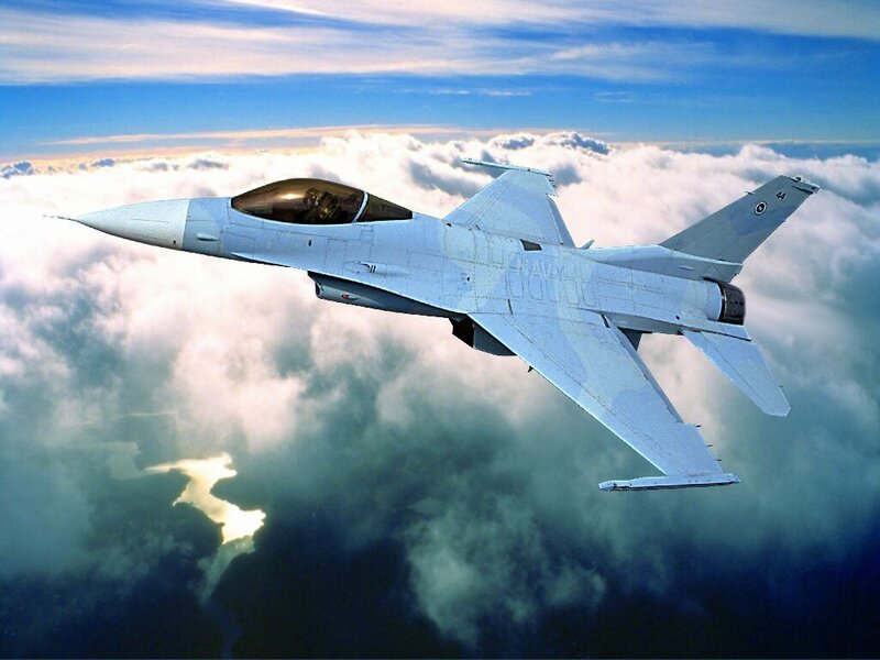 Fighter Jet in Flight — Blue, Dramatic, Afternoon, Photograph, Clouds, Sky, Ocean