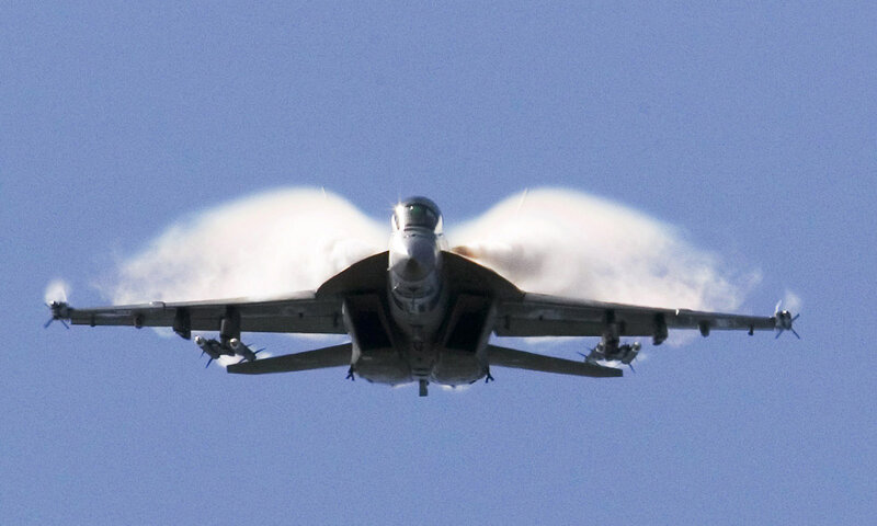 Fighter Jet in Flight — Blue, Dramatic, Afternoon, Photograph, Clouds, Sky