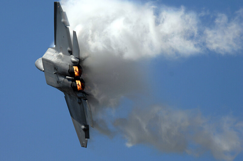 Fighter Jet in Flight — Blue, Dramatic, Afternoon, Photograph, Flames