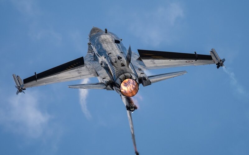 Fighter Jet in Flight — Blue, Dramatic, Afternoon, Photograph, Jet Engine, Afterburner