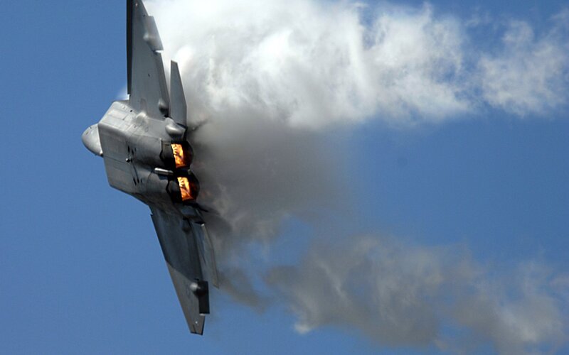 Fighter Jet in Flight — Blue, Dramatic, Afternoon, Photograph, Jet Engine