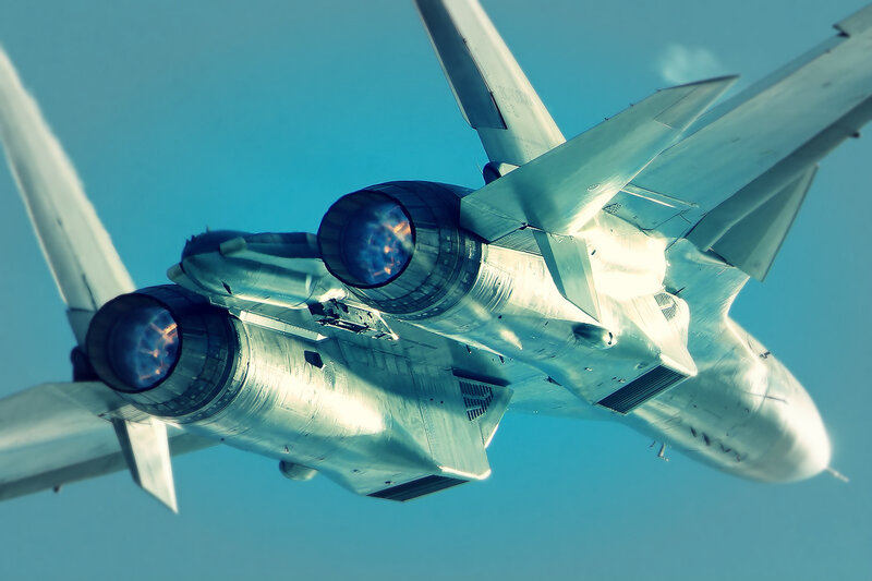 Fighter Jet in Flight — Blue, Dramatic, Afternoon, Photograph, Jet Engines