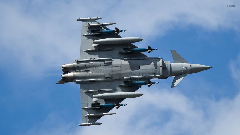 Fighter Jet in Flight — Blue, Dramatic, Afternoon, Photograph, Missiles, Clouds