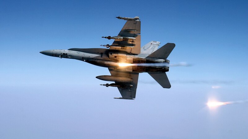 Fighter Jet in Flight — Blue, Dramatic, Afternoon, Photograph, Missiles, Sun