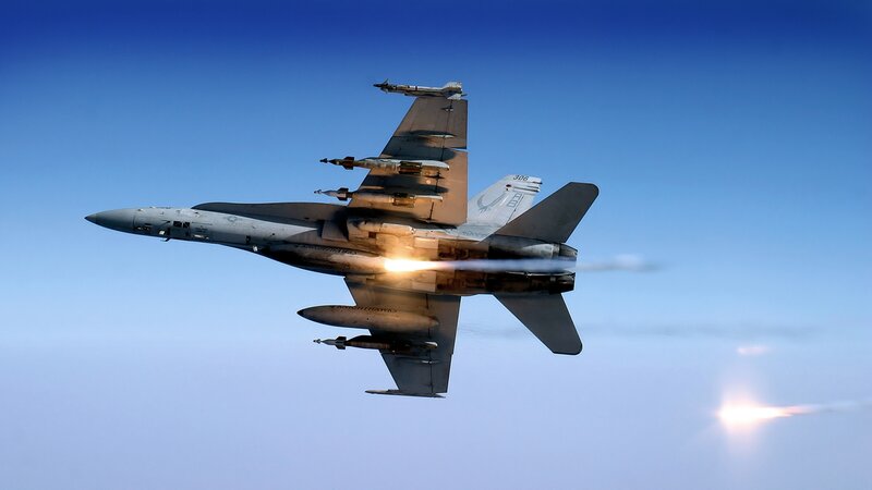 Fighter Jet in Flight — Blue, Dramatic, Afternoon, Photograph, Missiles