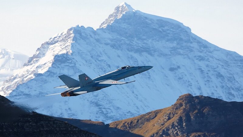 Fighter Jet in Flight — Blue, Dramatic, Afternoon, Photograph, Mountain
