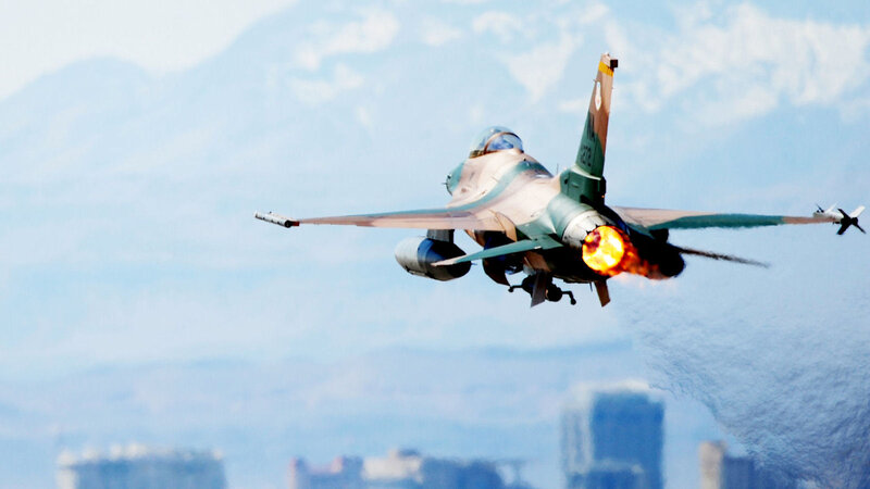 Fighter Jet in Flight — Blue, Dramatic, Afternoon, Photograph, Mountains, Cityscape