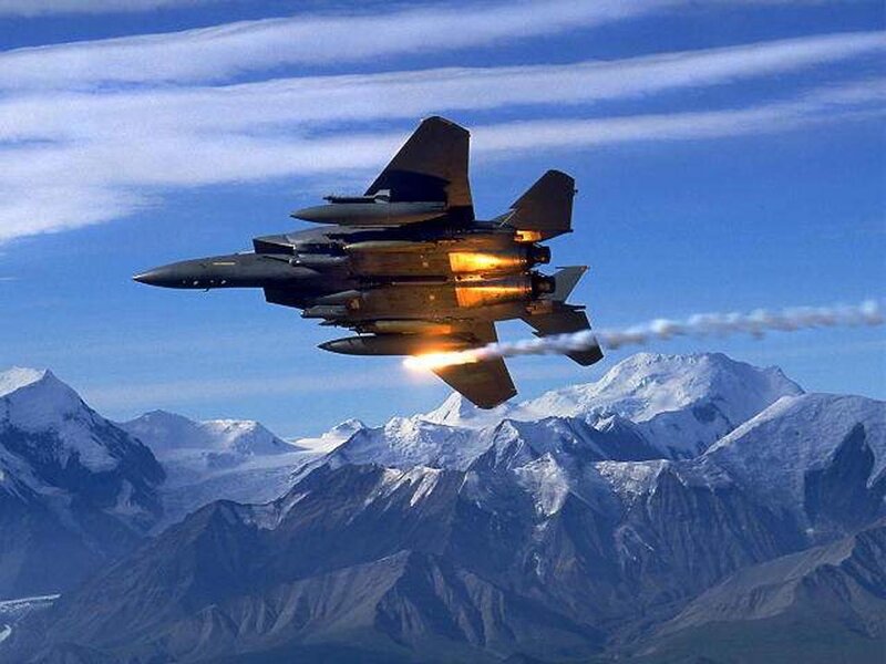 Fighter Jet in Flight — Blue, Dramatic, Afternoon, Photograph, Mountains, Sky