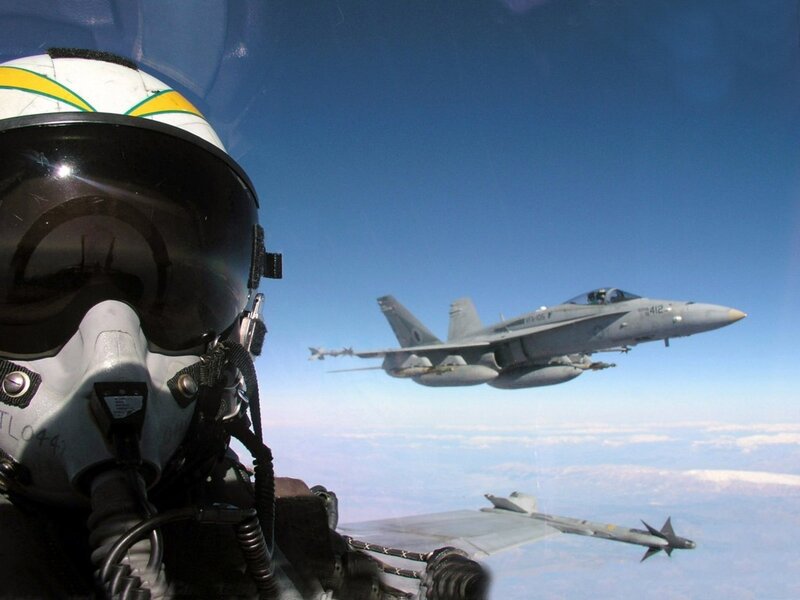Fighter Jet in Flight — Blue, Dramatic, Afternoon, Photograph, Pilot Helmet