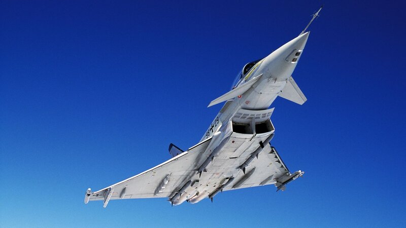 Fighter Jet in Flight — Blue, Dramatic, Afternoon, Photograph, Sky
