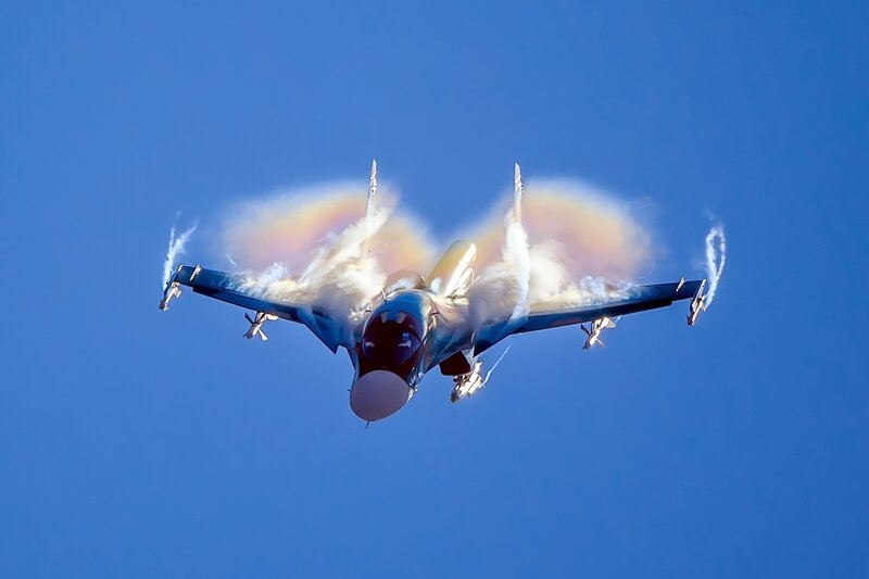 Fighter Jet in Flight — Blue, Dramatic, Afternoon, Photograph, Smoke, Clouds