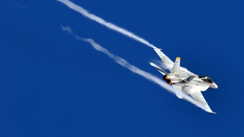 Fighter Jet in Flight — Blue, Dramatic, Afternoon, Photograph, Smoke Trails, Sky