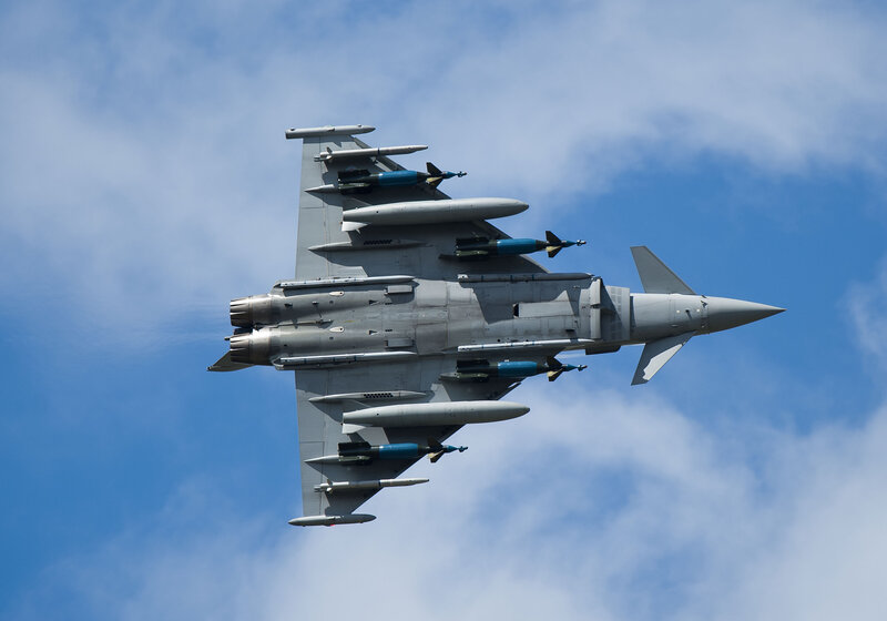 Fighter Jet in Flight — Blue, Dramatic, Afternoon