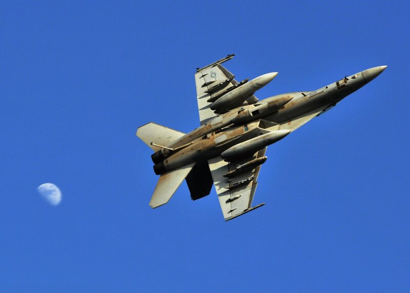 Fighter Jet in Flight — Blue, Dramatic, Night, Photograph, Moon
