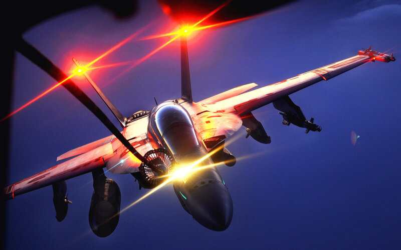 Fighter Jet in Flight — Blue, Dramatic, Night