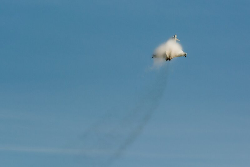 Fighter Jet in Flight — Blue, Dramatic, Photograph, Cloud