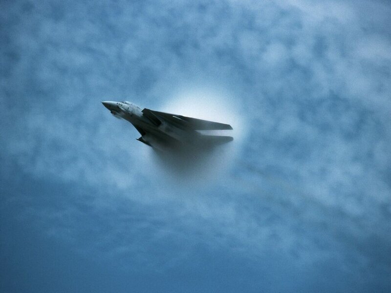 Fighter Jet in Flight — Blue, Dramatic, Photograph, Clouds, Gray