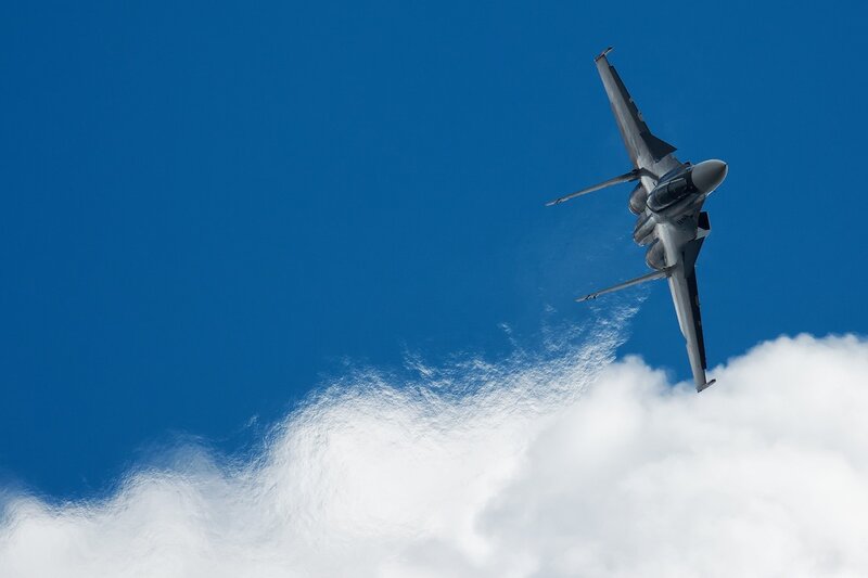 Fighter Jet in Flight — Blue, Dramatic, Photograph, Clouds