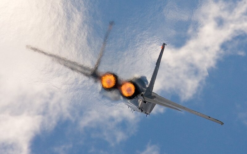 Fighter Jet in Flight — Blue, Dramatic, Photograph, Jet Engine, Flames