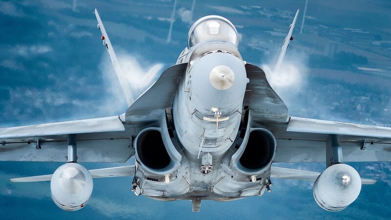 Fighter Jet in Flight — Blue, Dramatic, Photograph, Jet Engine, Wings