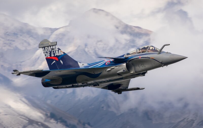 Fighter Jet in Flight — Blue, Dramatic, Photograph, Mountain