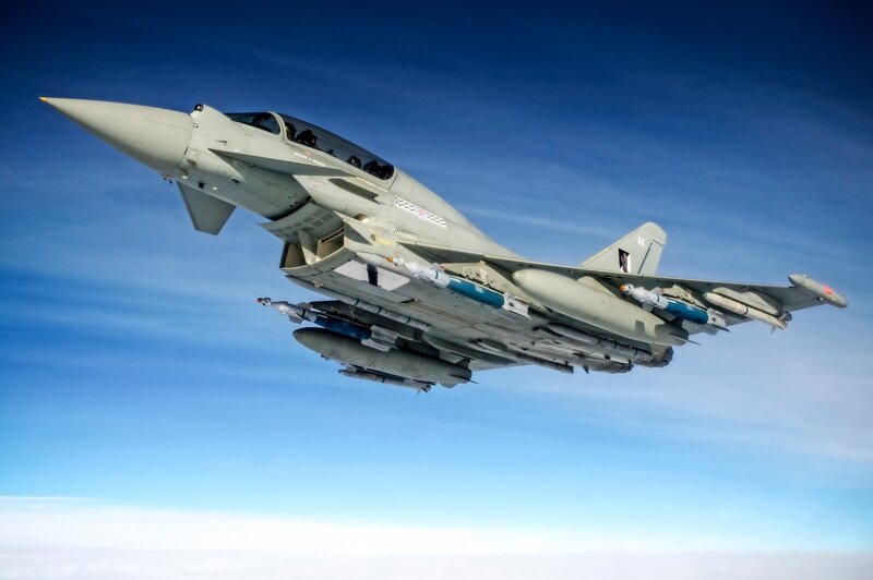 Fighter Jet in Flight — Blue, Dramatic, Photograph
