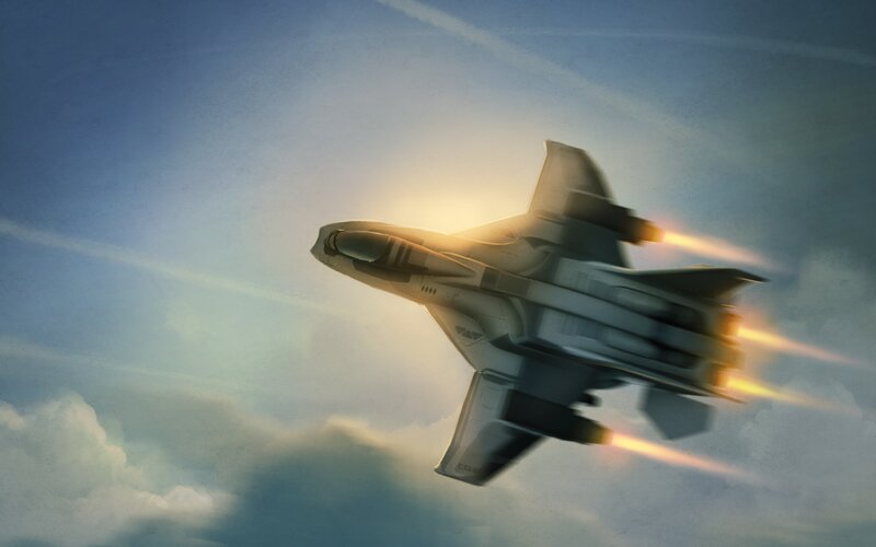 Fighter Jet in Flight — Blue, Dramatic, Sunset, Digital Art, Flames