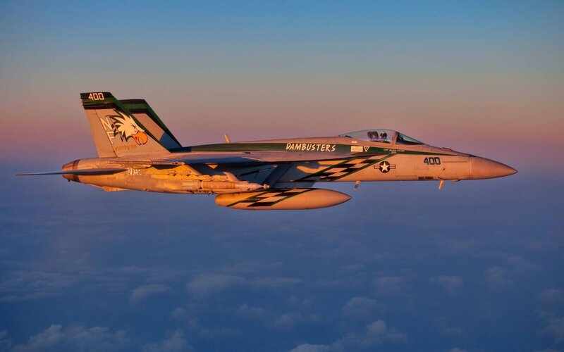 Fighter Jet in Flight — Blue, Dramatic, Sunset, Photograph, Aircraft, Clouds, Sky