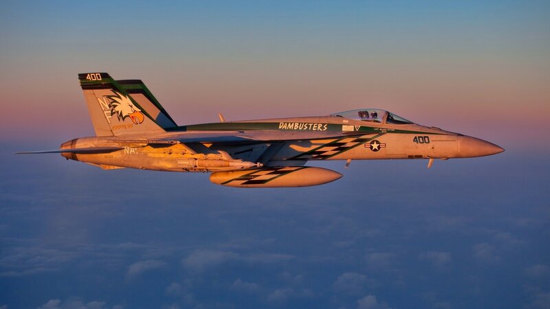Fighter Jet in Flight — Blue, Dramatic, Sunset, Photograph, Aircraft, Clouds